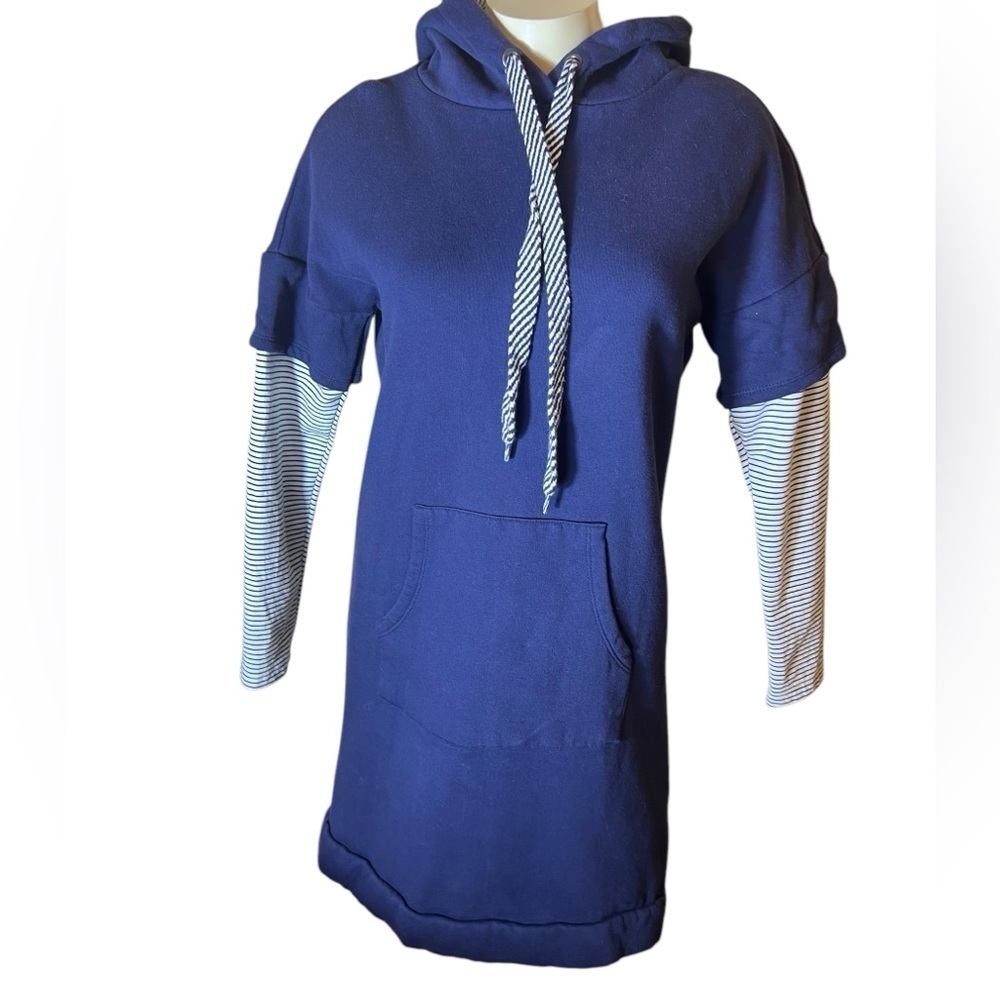 Navy Blue Hoodie Dress with Striped Sleeves - Picture 4 of 8